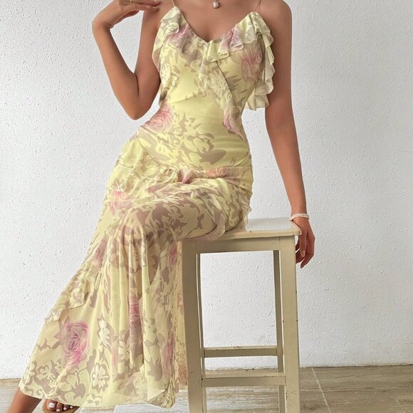 Yellow Boho Women's Beach Vacation Floral Print Ruffled Cami Dress Maxi - Picture 5 of 7
